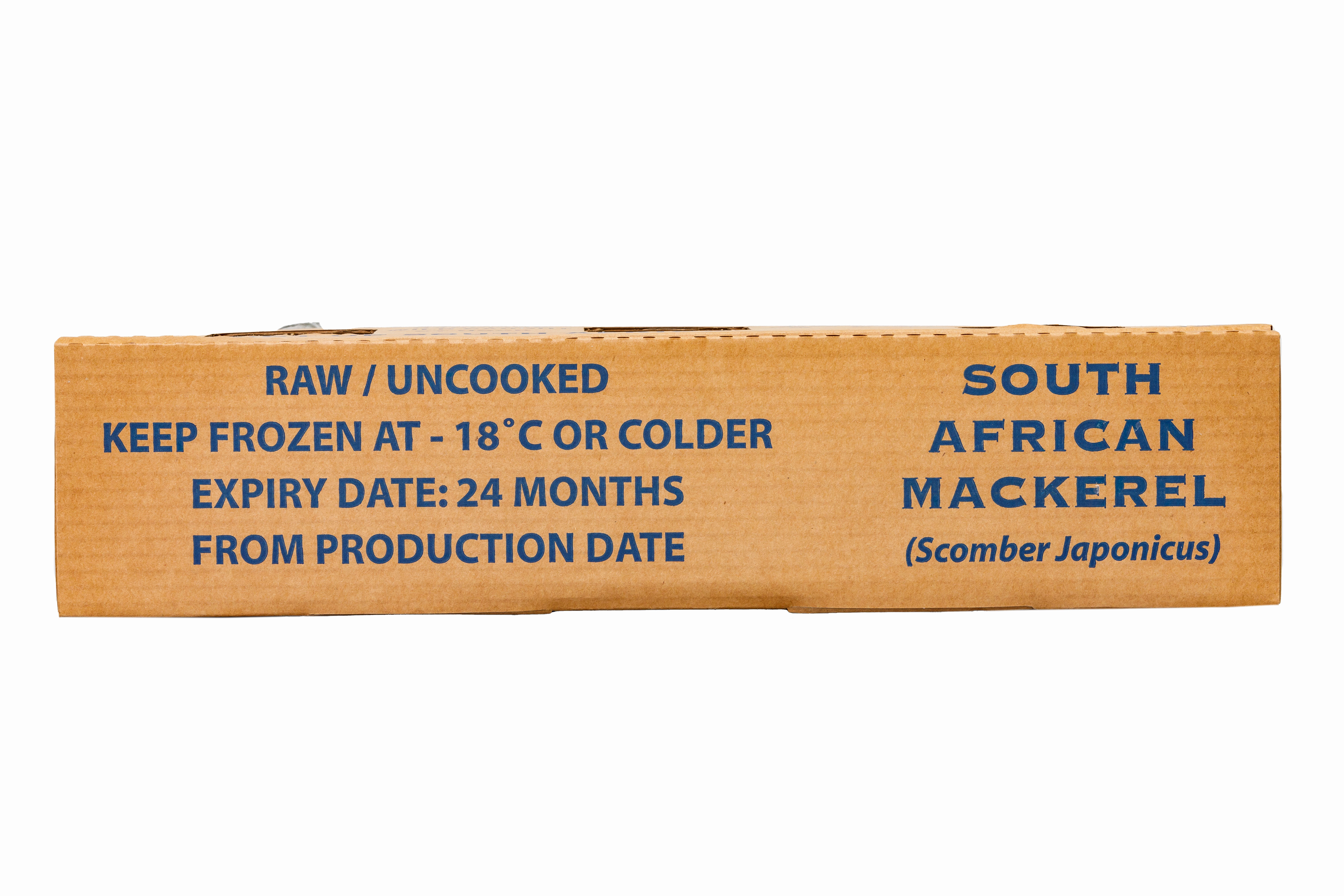 Side view of carton of Mackerel